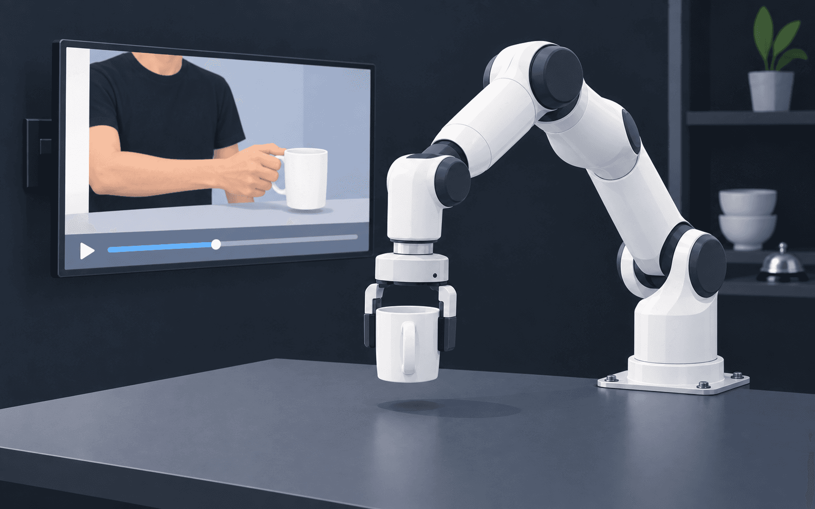 A robot arm picks up a mug on a table, after watching a video of a person picking up the same mug.