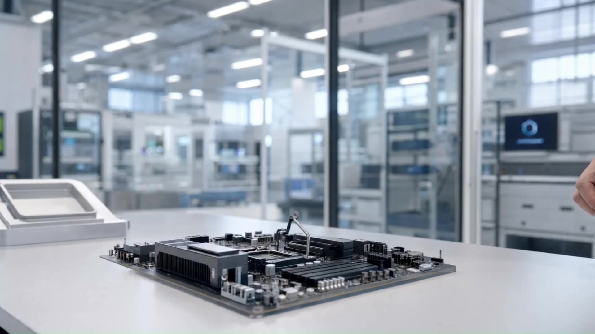 A person seats a processor in a motherboard, then two robot grippers do the same.